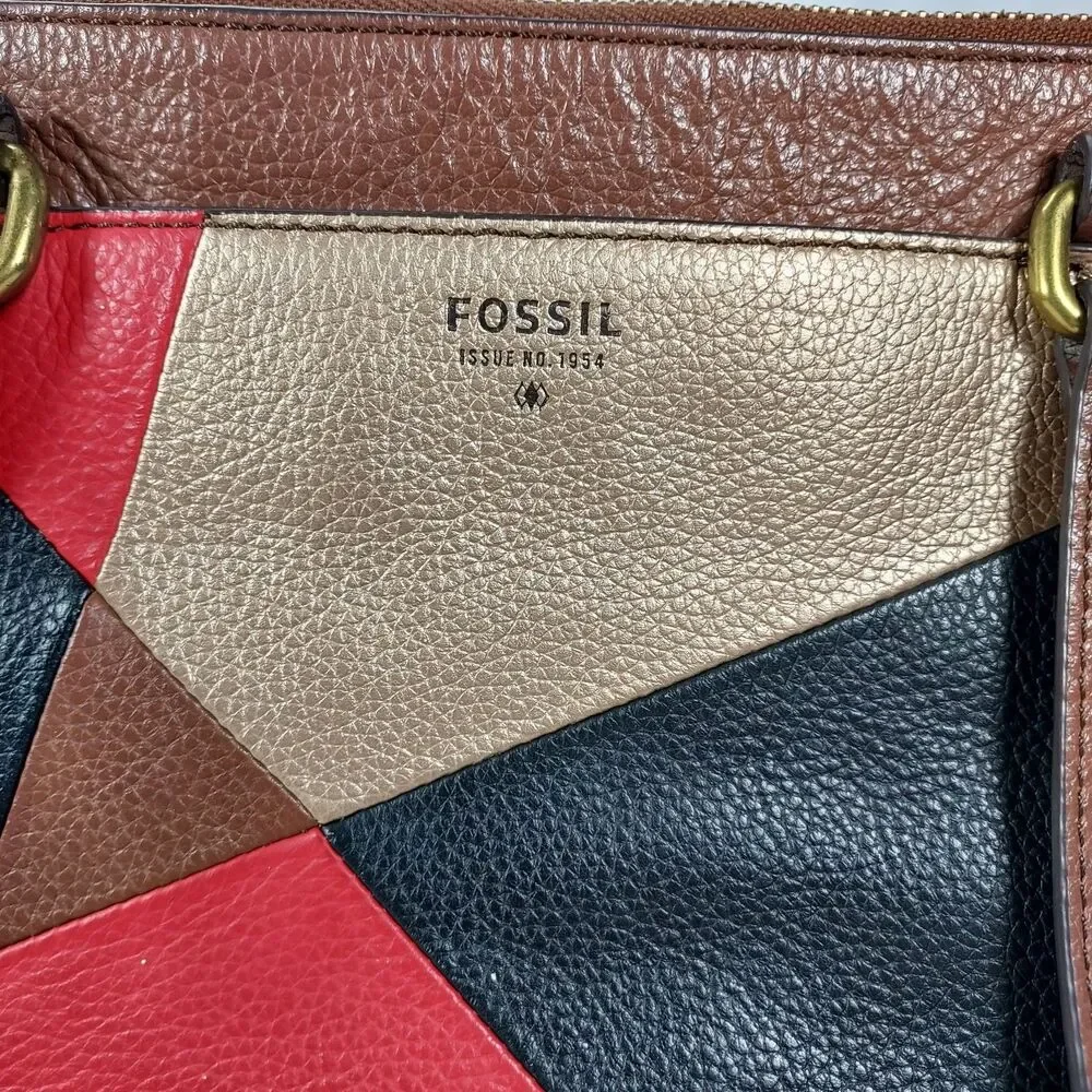 Fossil Issue No 1954 Patchwork Leather Tote Bag Multicolor Brown Shoulder Purse